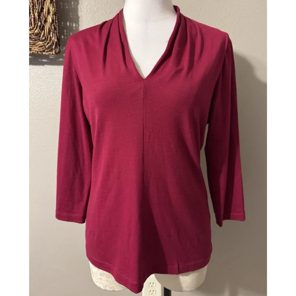 Lafayette 148 NY Burgundy Wine Stretch Wool Knit Top Long Sleeve Large